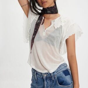 Free People White Ruffle-Sleeve Henley Top